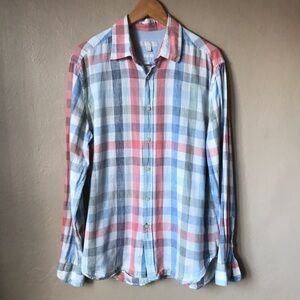 Boden Men’s Plaid Linen Blend Button- Down Shirt Size Medium